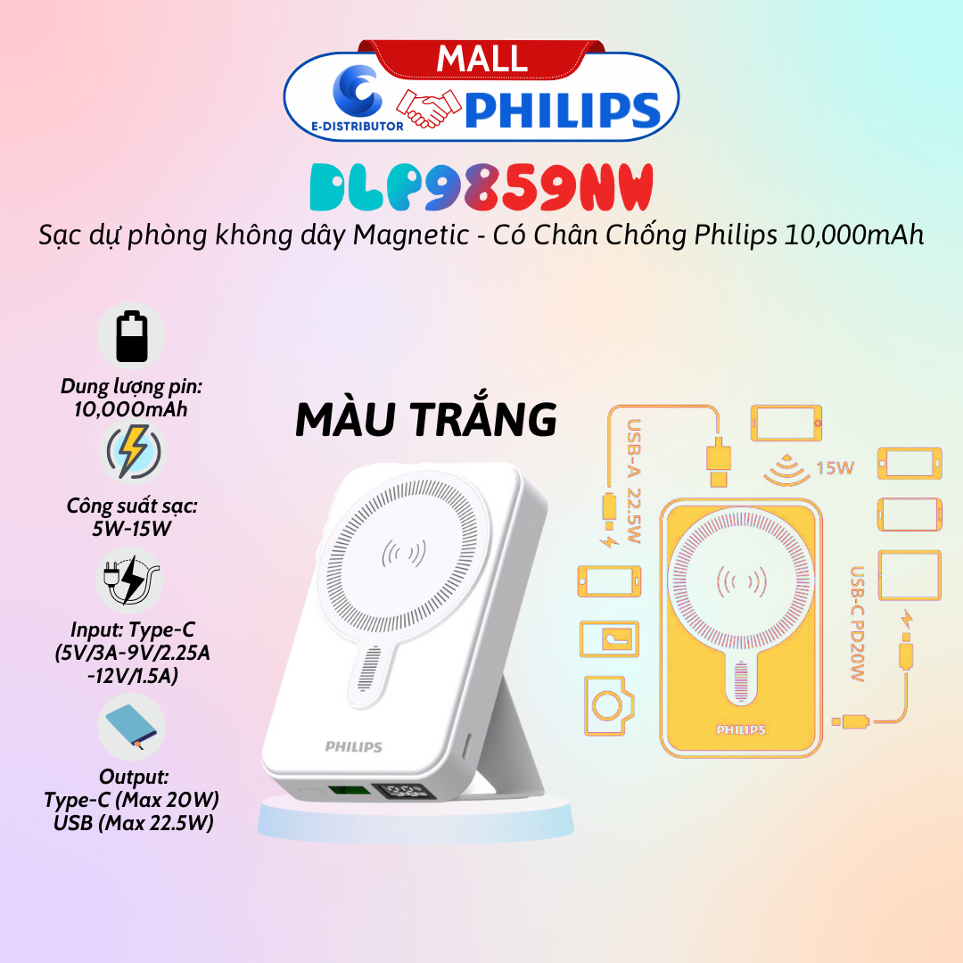 Pin Sạc Dự Phòng Không Dây Magnetic Có Chân Chống Philips DLP9859NW74 màu trắng