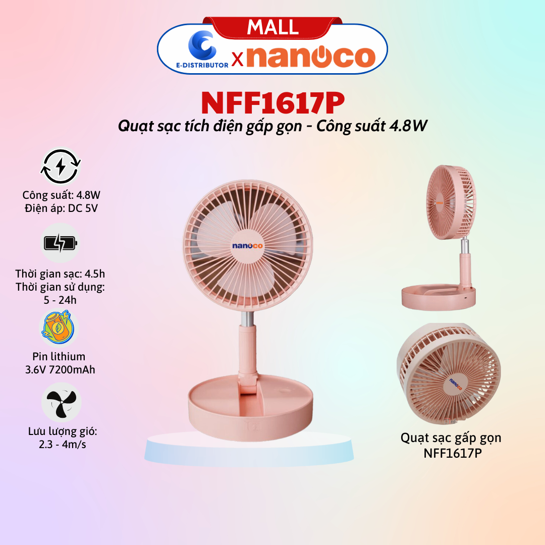 Quạt sạc Nanoco NFF1617P màu hồng