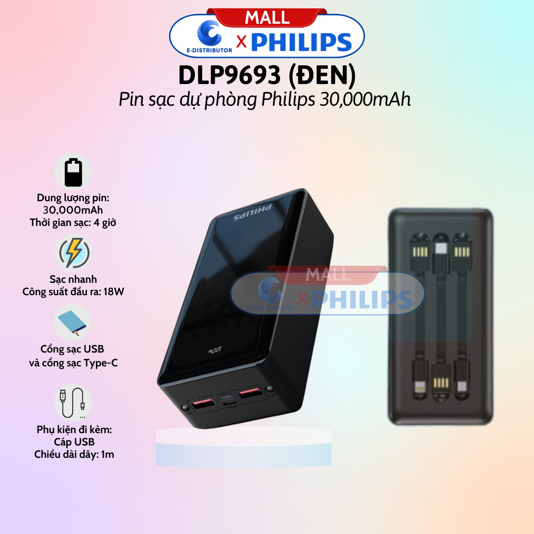 Pin sạc dự phòng kèm cáp 30.000mAH 22.5W Philips DLP9693KB/97 màu đen