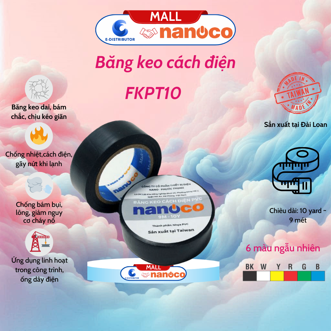 Băng keo loại 10 yard màu ngẫu nhiên ĐL ( 10 cuộn/cây, 200 cuộn/thùng ) Nanoco FKPT10