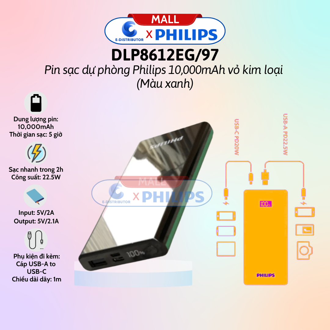 Pin sạc dự phòng vỏ kim loại Digtal Display 22.5W 10.000mAh Philips DLP8612EG/97 màu xanh lá