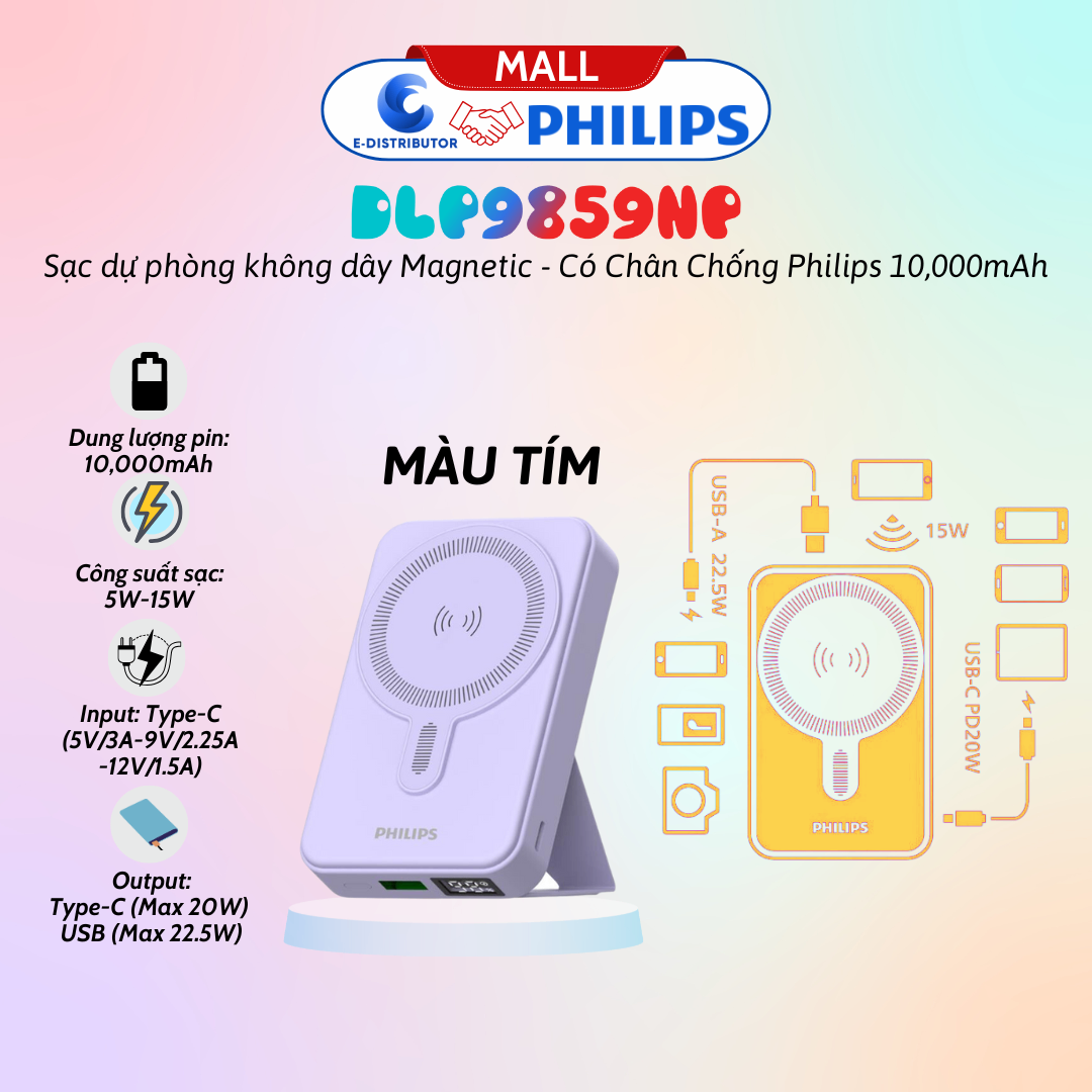 Pin Sạc Dự Phòng Không Dây Magnetic Có Chân Chống Philips DLP9859NP74 màu tím