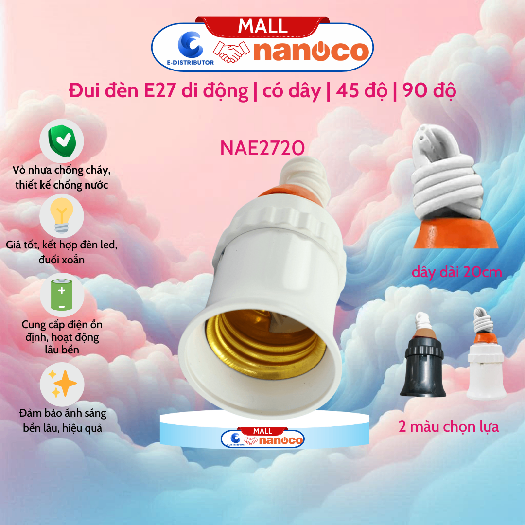 Đuôi đèn treo kín nước có dây 20cm đen Nanoco NAE2720BK