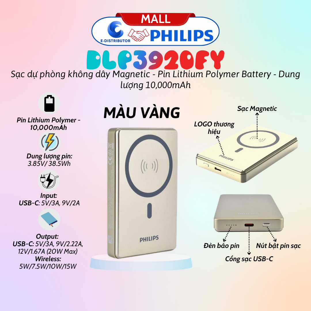 Pin sạc dự phòng Philips DLP3920FY, 10.000mAh màu vàng