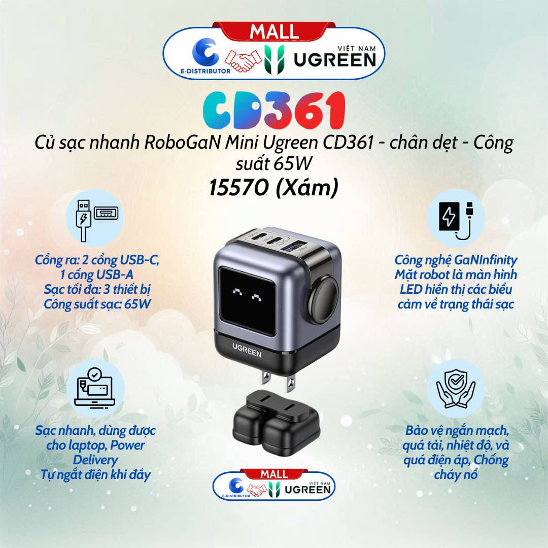 Củ sạc nhanh 65W RoboGaN Mini Ugreen CD361 - đen