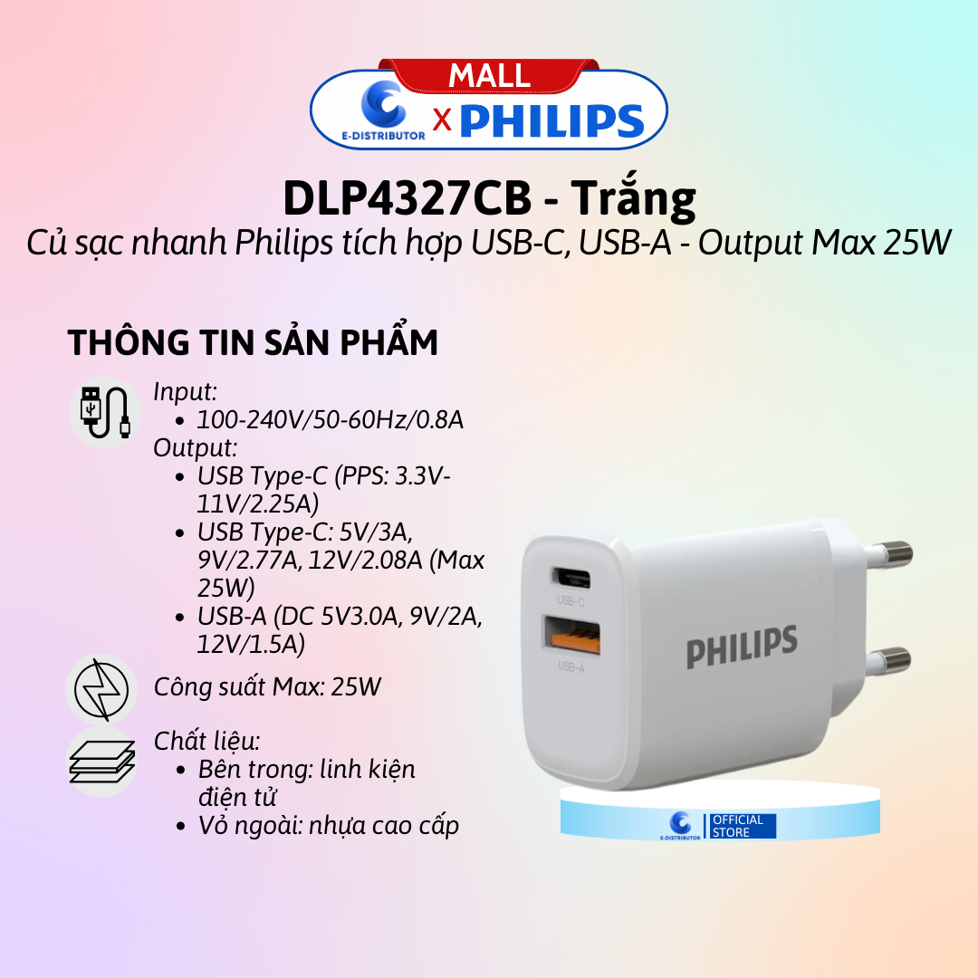 Củ sạc nhanh PD25W + QC3.0 Philips DLP4327CW/74 màu trắng