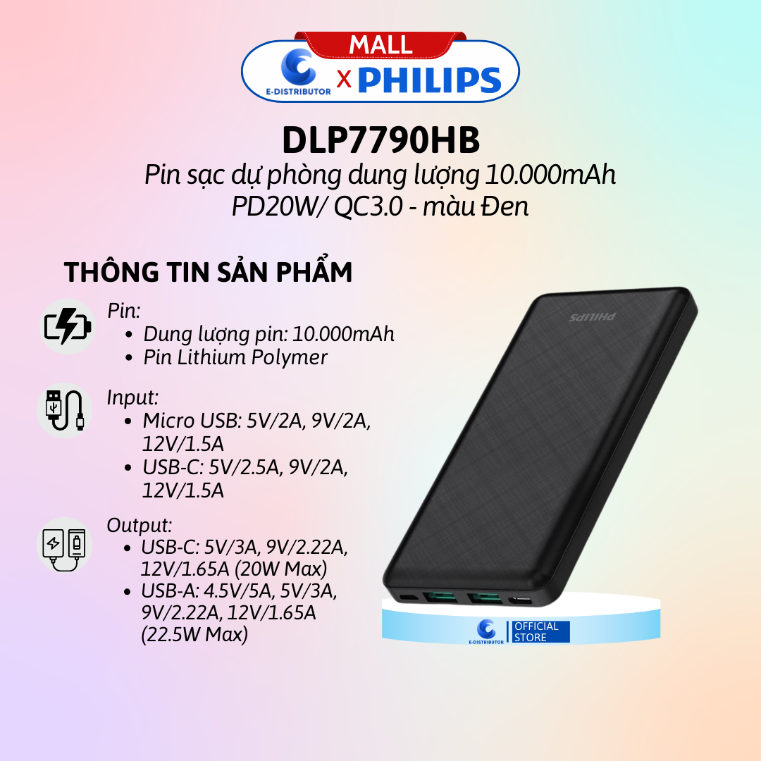 Pin sạc dự phòng Philips DLP7790HB, 10.000mAh màu đen