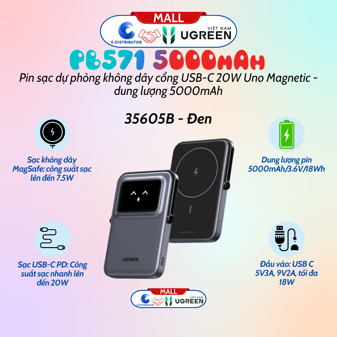Pin dự phòng không dây Ugreen Uno 5000mah 7.5W Cổng Usb-C 20W PB571 35605B - Đen