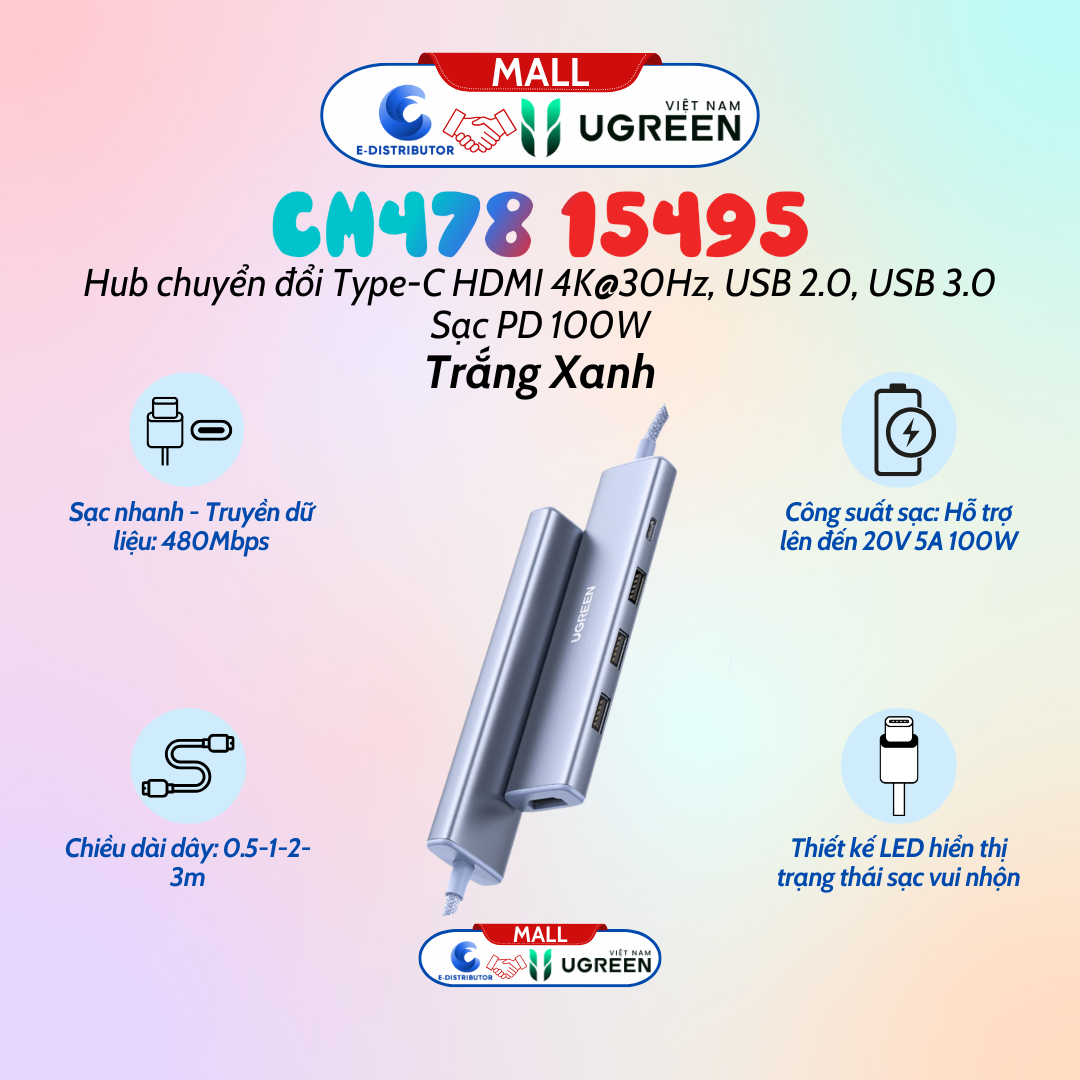 Hub chuyển đổi Type C Ugreen CM478 15495 HDMI 4K@30Hz, USB 2.0, USB 3.0, Sạc PD 100W màu trắng xanh