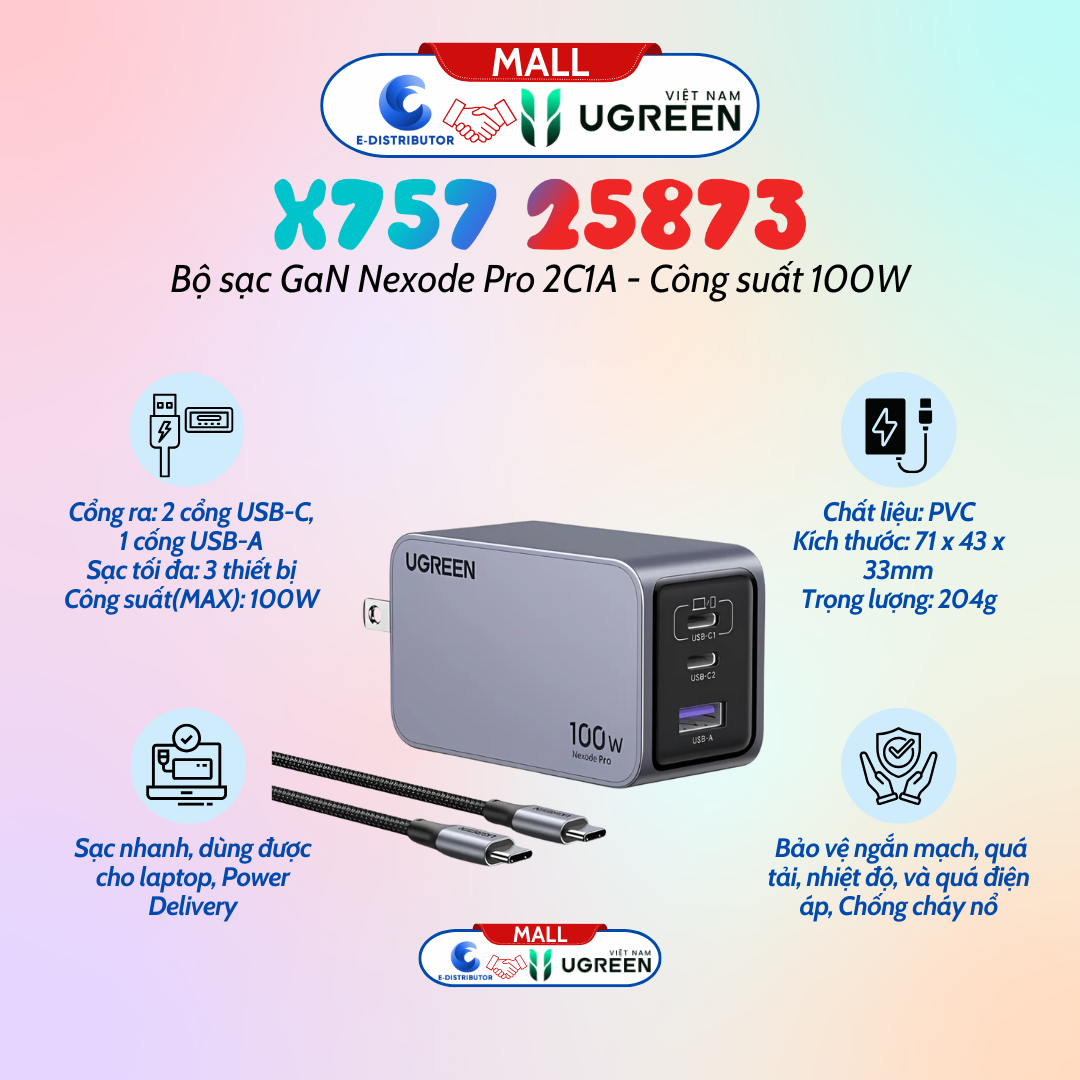 Bộ sạc GaN UGREEN 100W Nexode Pro X757 2C1A