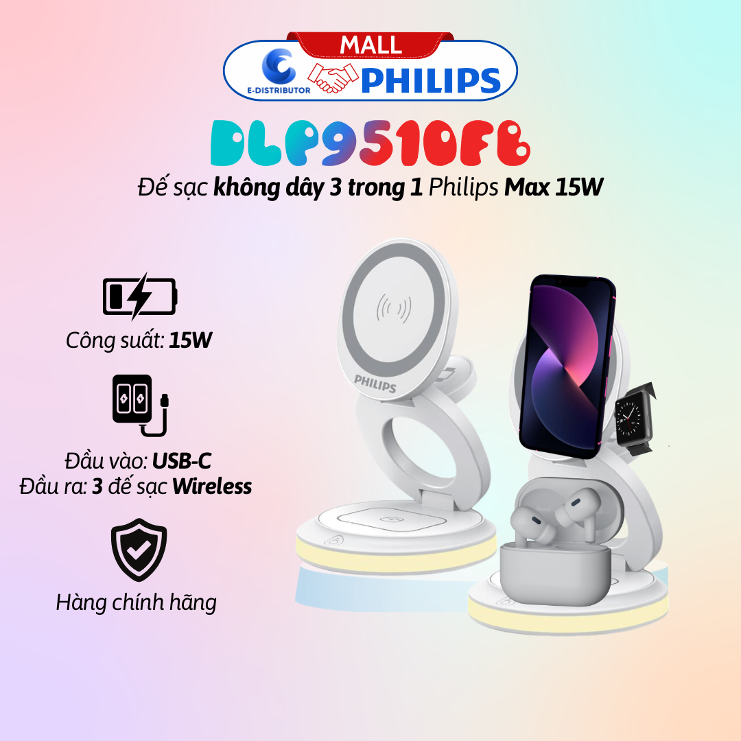 Đế sạc không dây 3 trong 1 Philips DLP9510FB Max 15W