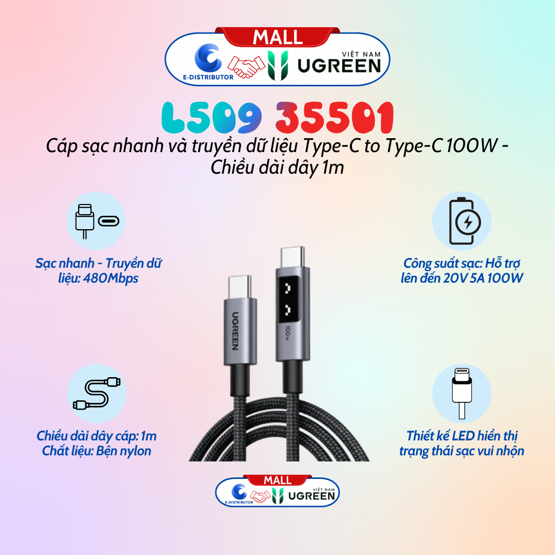 Cáp Ugreen Uno Usb-C To Usb-C 100W dài 1M L509 35501