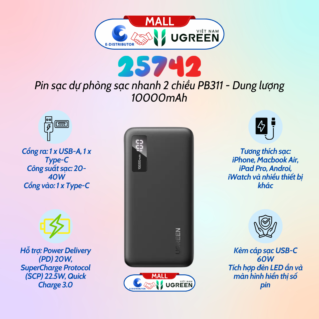 Pin sạc dự phòng 10000mAh sạc nhanh 2 chiều UGREEN PB311 25742