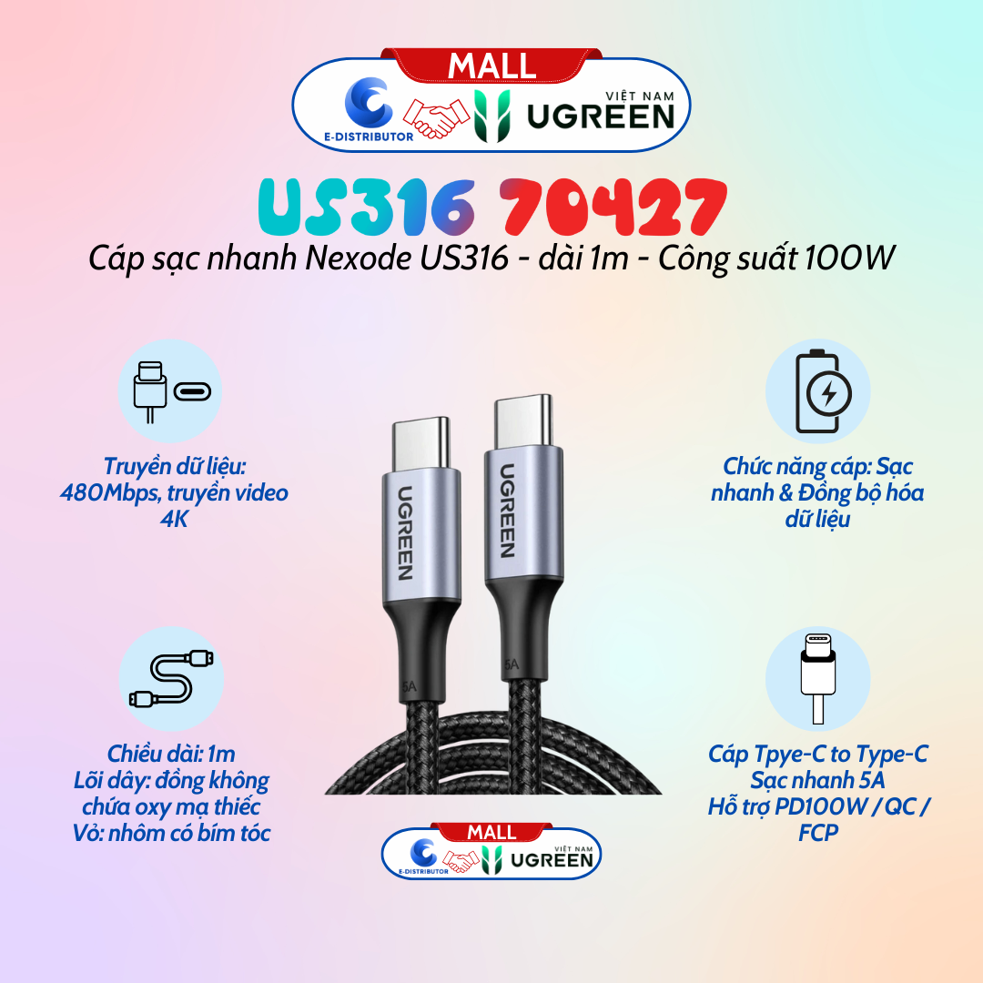 Cáp sạc nhanh 2 đầu Type C sạc nhanh PD100W UGREEN US316