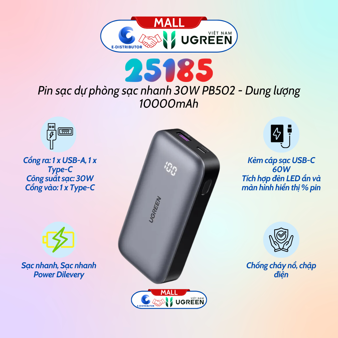 Pin sạc dự phòng Ugreen PB502 25185 10000mAh – 30W