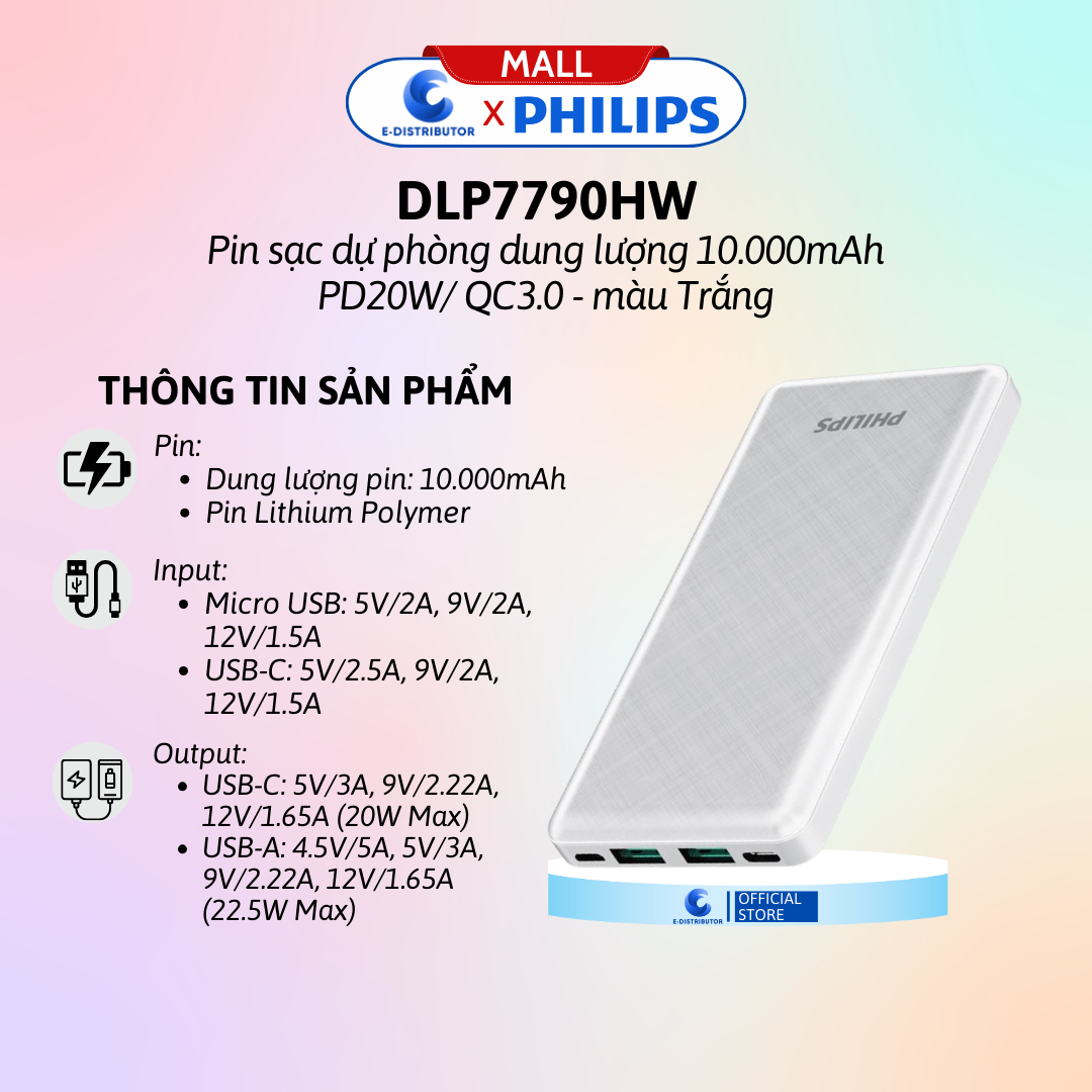 Pin sạc dự phòng Philips DLP7790HW, 10.000mAh màu đen
