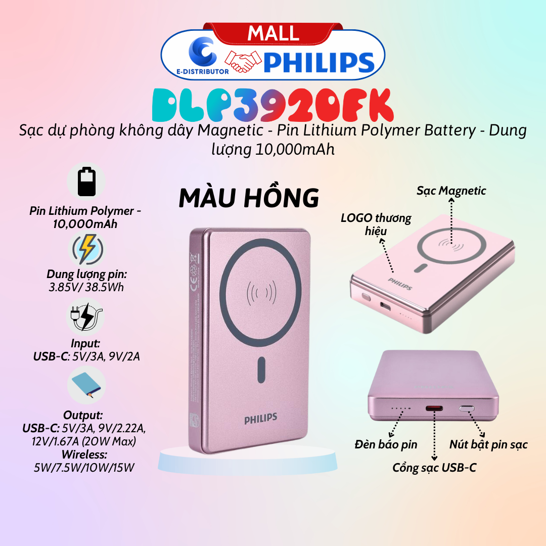 Pin sạc dự phòng Philips DLP3920FK, 10.000mAh màu hồng
