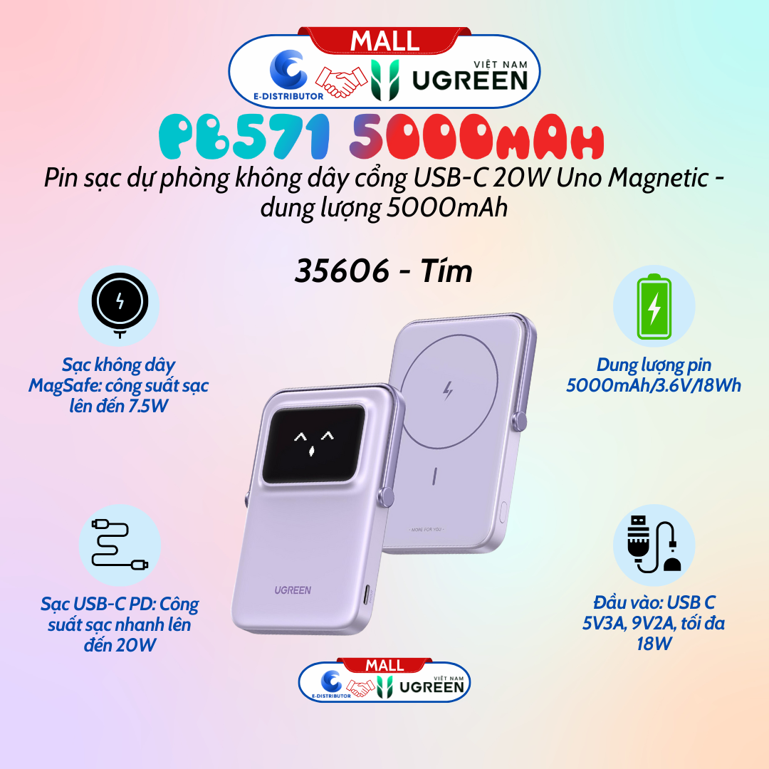 Pin dự phòng không dây Ugreen Uno 5000mah 7.5W Cổng Usb-C 20W PB571 35606 - Tím