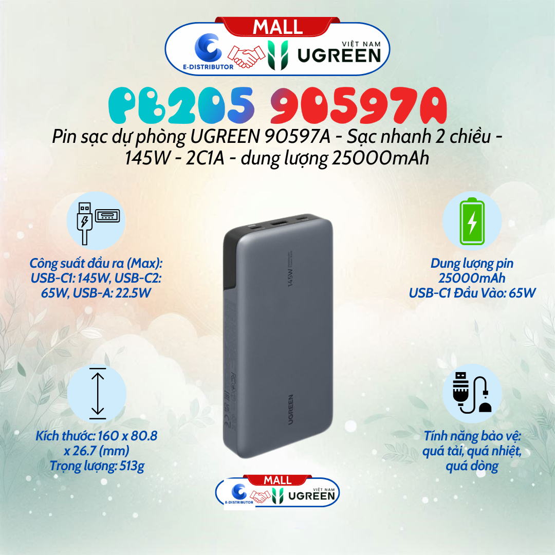 Pin Sạc Dự Phòng UGREEN 90597A , 25000mAh Sạc Nhanh Hai Chiều 145W