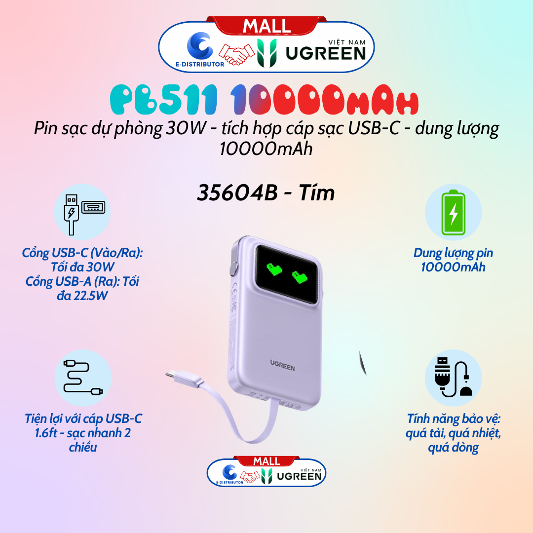 Pin dự phòng Ugreen Uno 10000mAh 30W sạc nhanh hai chiều PB511 35604B - Tím