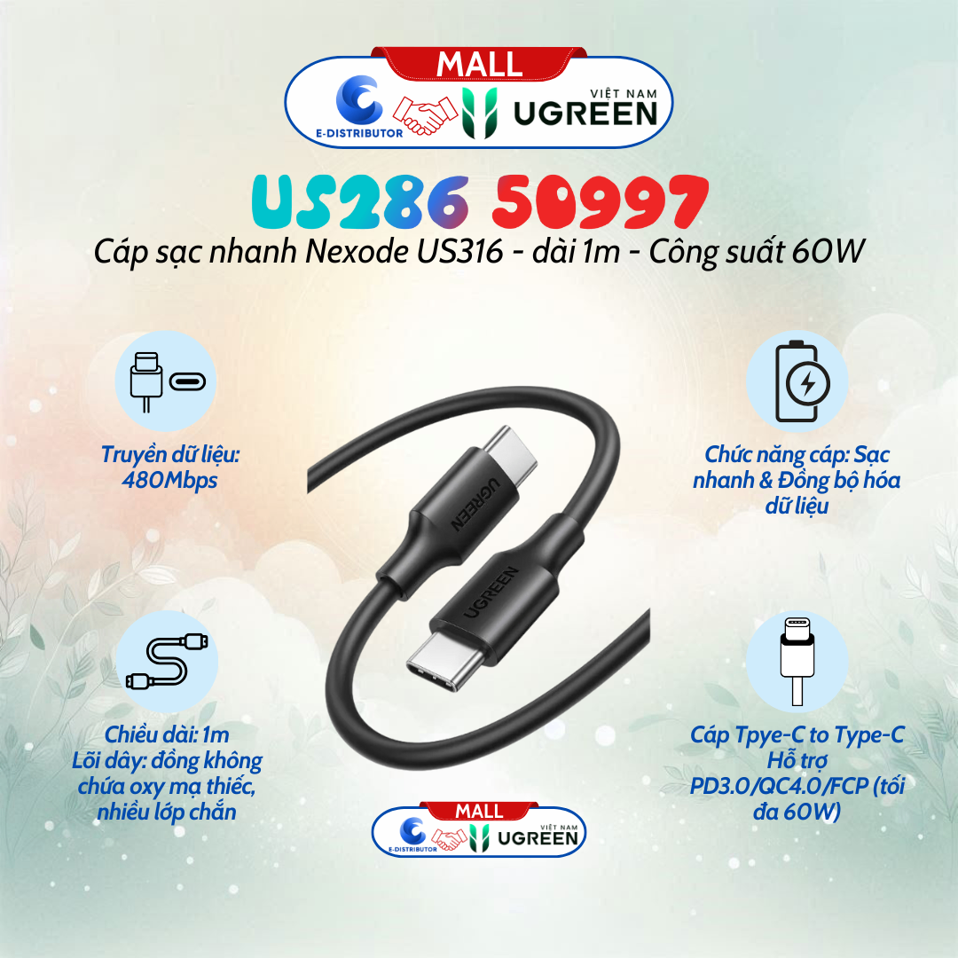 Cáp sạc nhanh Type C UGREEN US286 – Sạc nhanh dòng 3A, lõi đồng nguyên chất