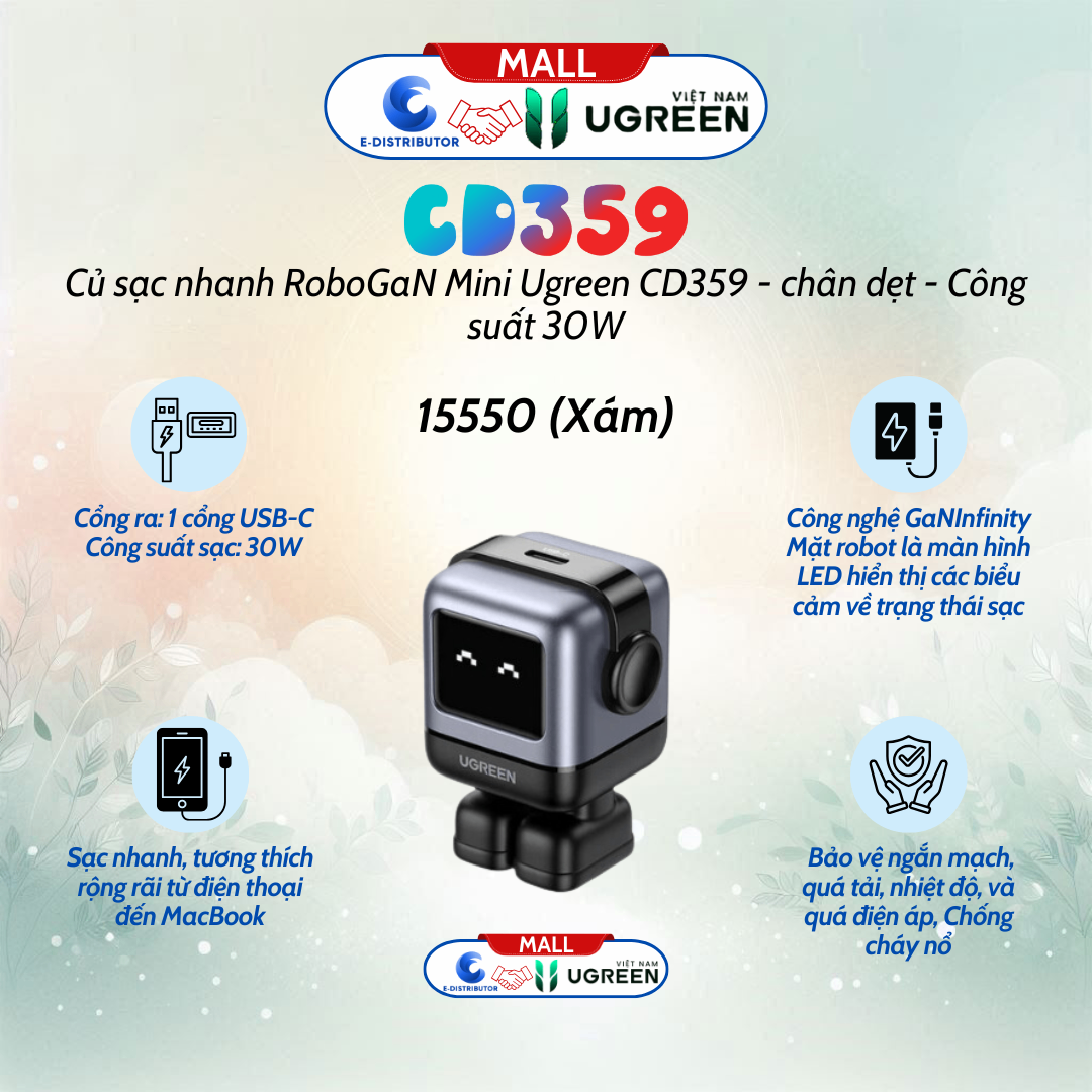 Sạc nhanh 30W Ugreen RoboGaN Mini CD359 15550 hình robot, 1 cổng Type C, 30W - Xám