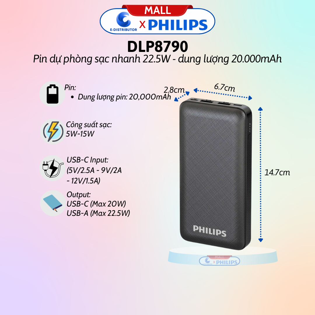 Pin dự phòng sạc nhanh 22.5W 20.000mAh PD20W/QC3.0 Philips DLP8790HB/97