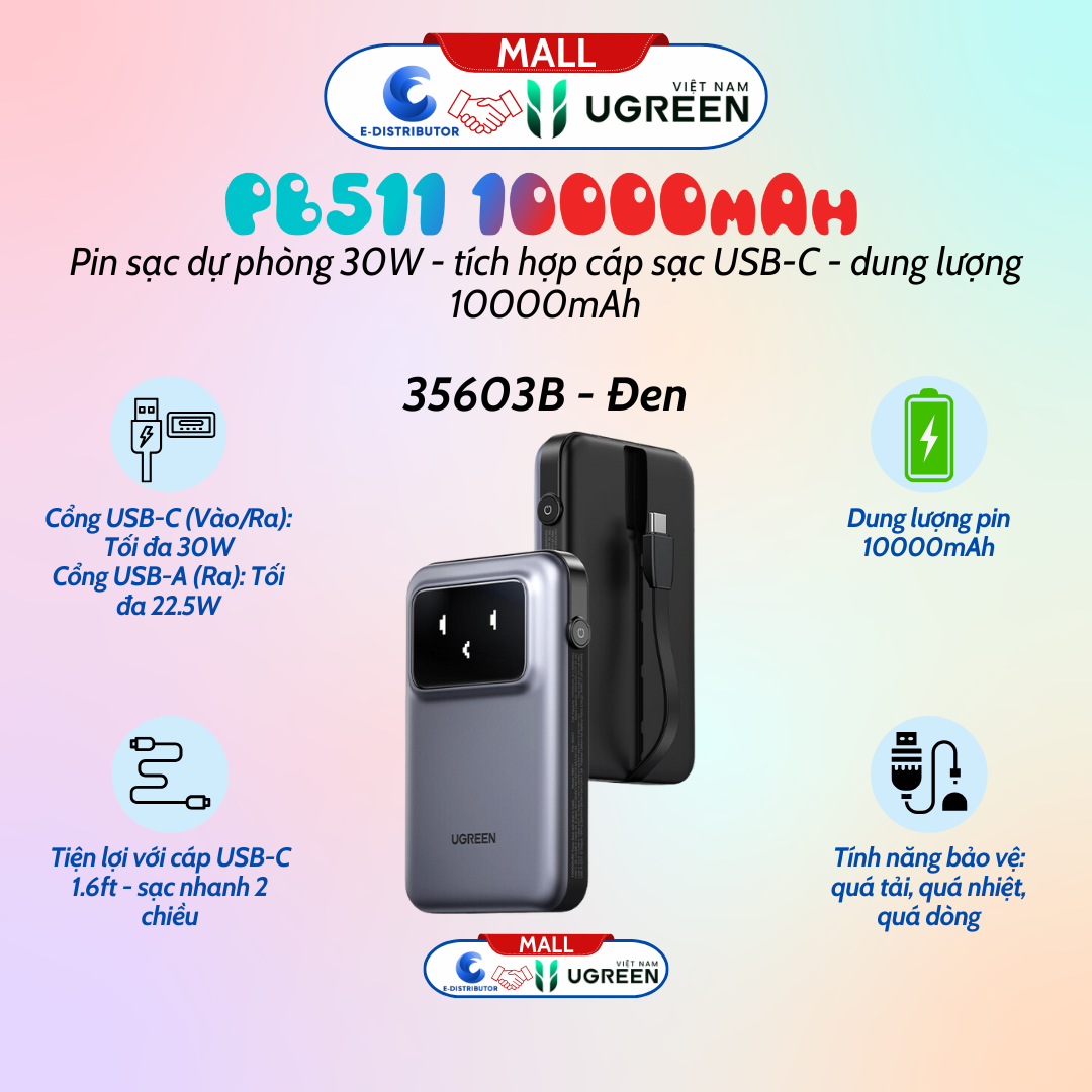 Pin dự phòng Ugreen Uno 10000mAh 30W sạc nhanh hai chiều PB511 35603B -Đen