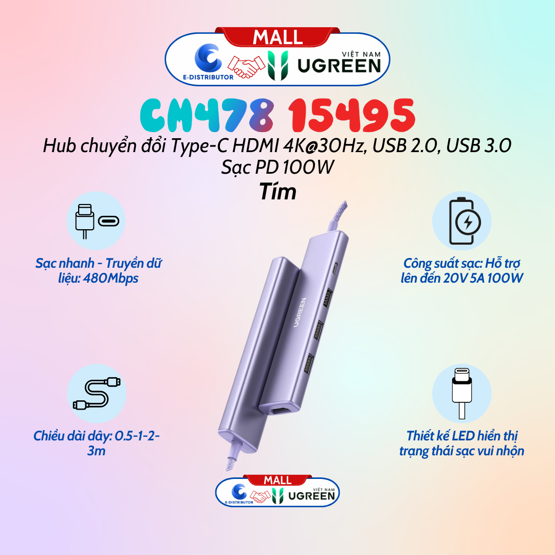 Hub chuyển đổi Type C Ugreen CM478 15495 HDMI 4K@30Hz, USB 2.0, USB 3.0, Sạc PD 100W màu tím