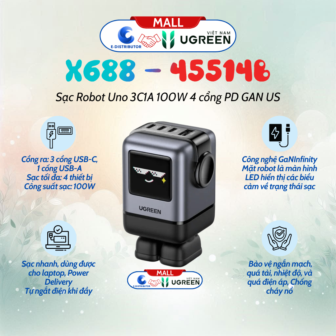 Củ sạc Ugreen Robot Uno 3C1A 100W 4 cổng PD GAN US X688 45514B