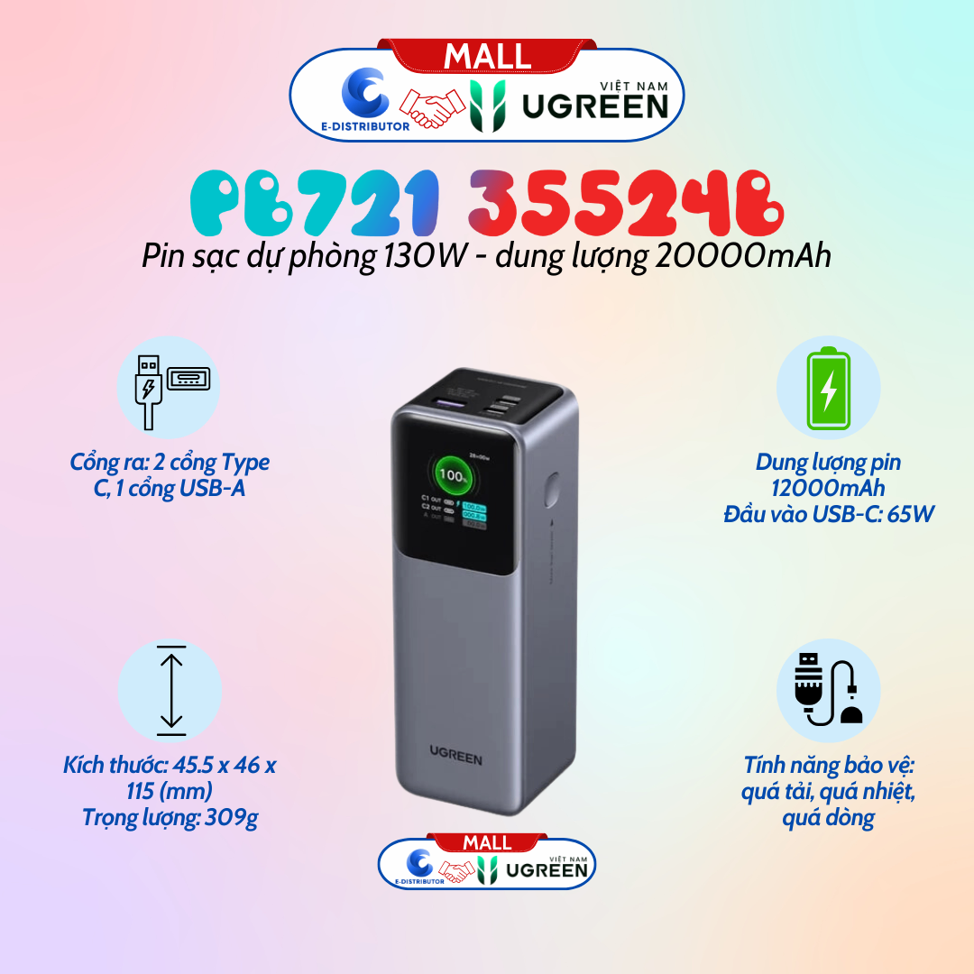 Pin sạc dự phòng 20000mAh Ugreen PB721 2C1A 130W