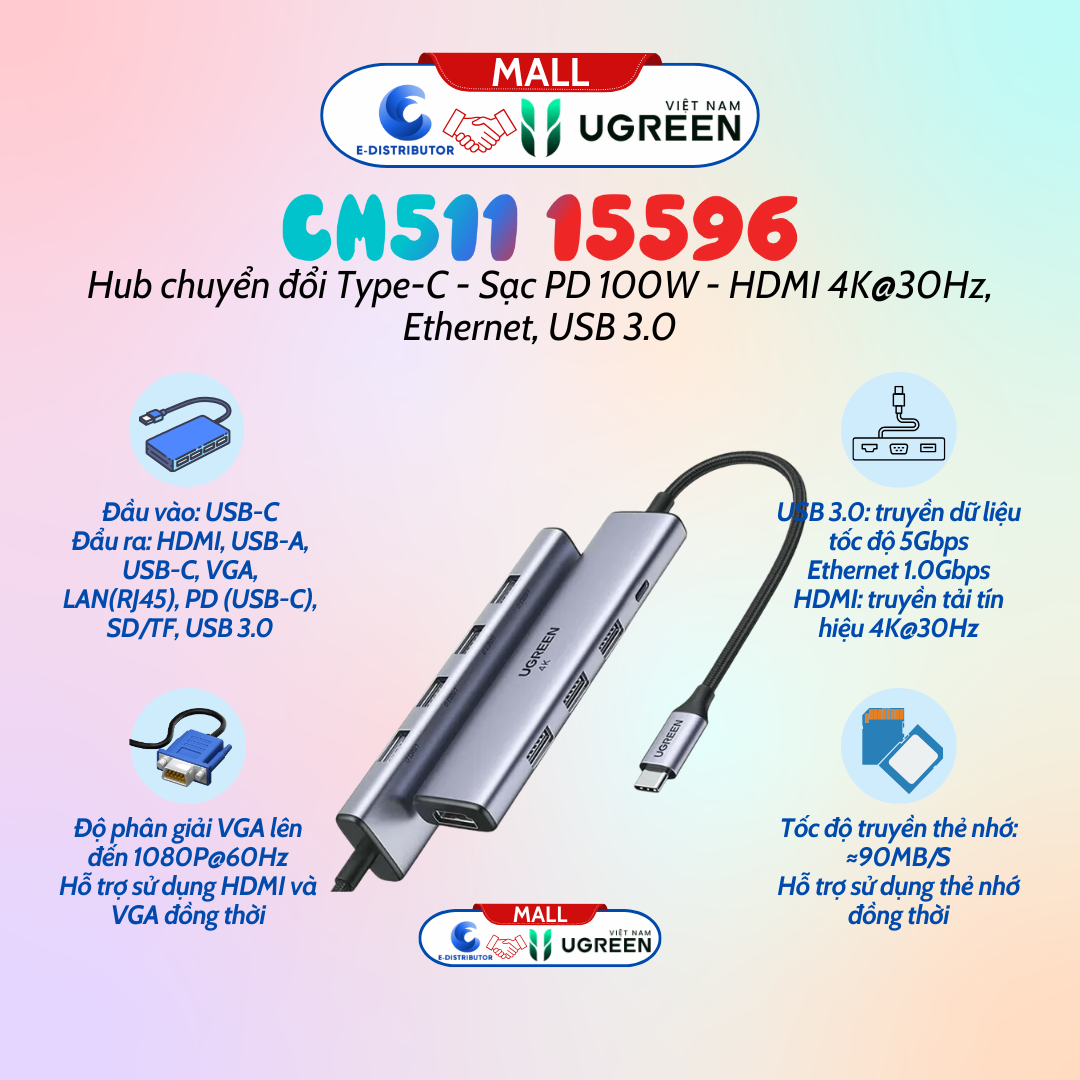 Hub chuyển đổi Type C Ugreen CM511 15596 100W PD, 4K@30Hz HDMI