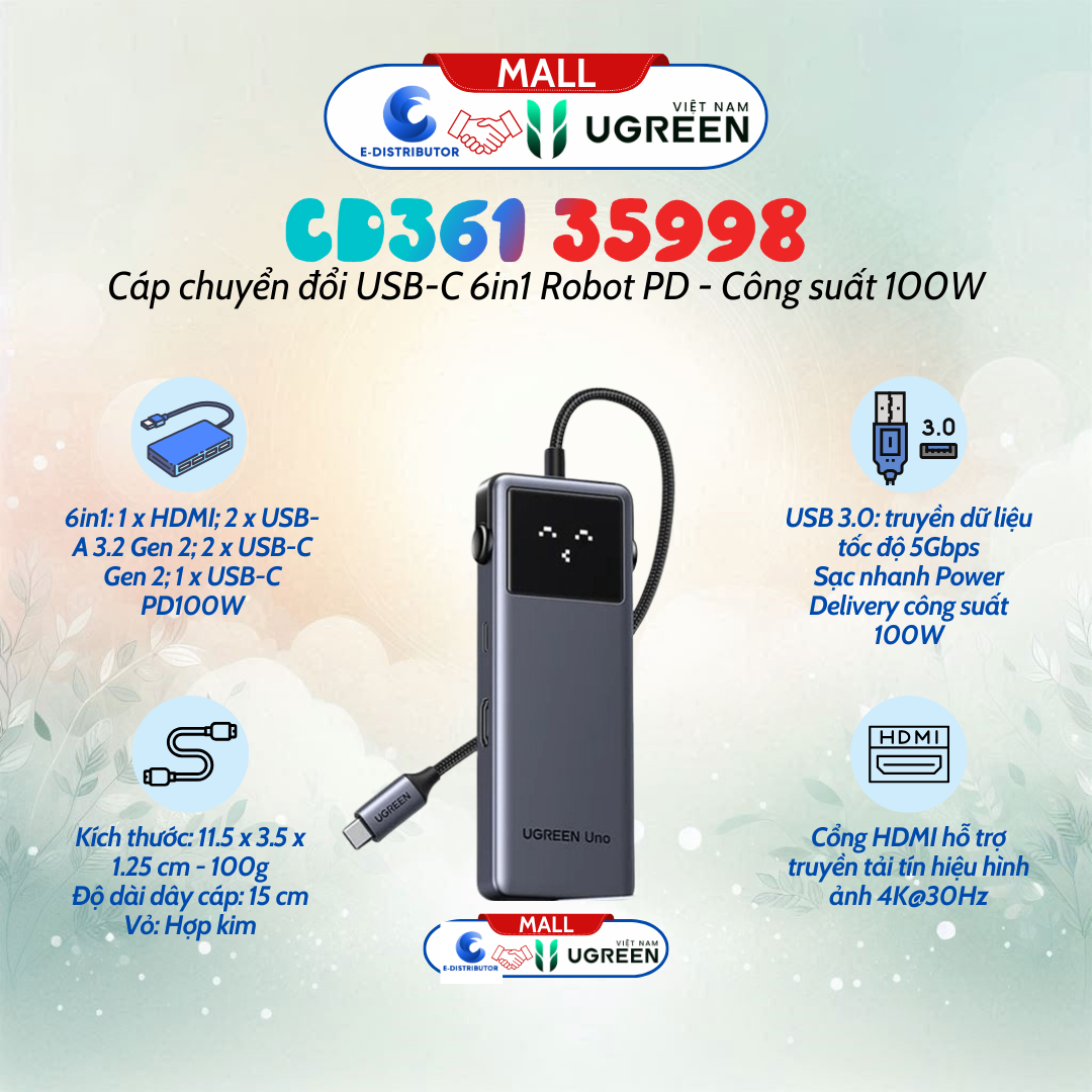 Hub chuyển đổi Ugreen USB-C 6 in 1 Robot PD 100W CD361 35998