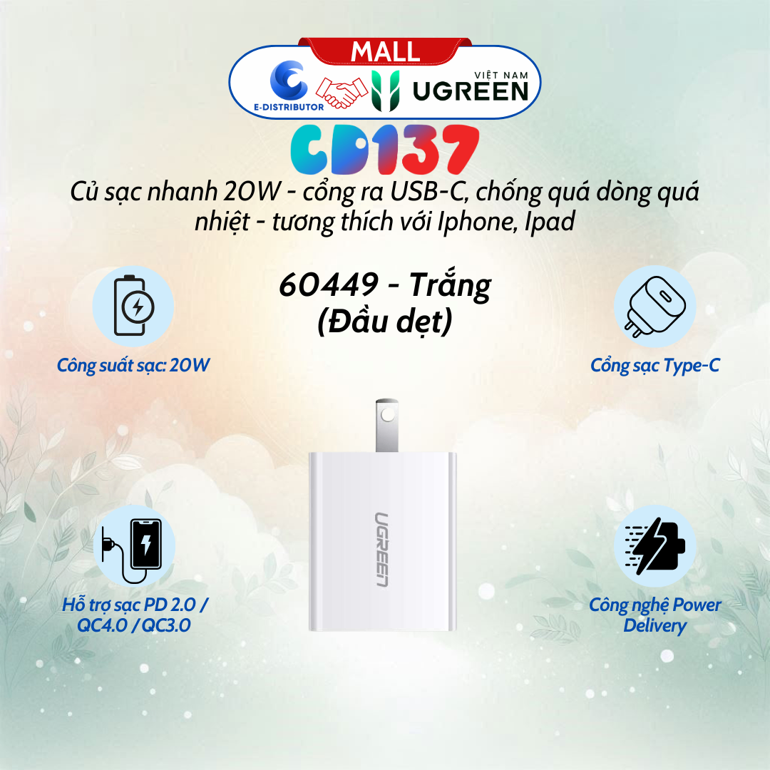 Củ sạc nhanh 20W UGREEN CD137 60449 trắng, chân đẹt, không kèm dây