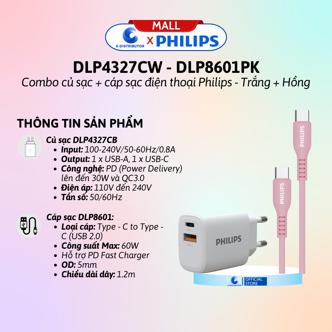 Combo củ sạc nhanh Philips DLP4327 và cáp sạc Philips DLC8601