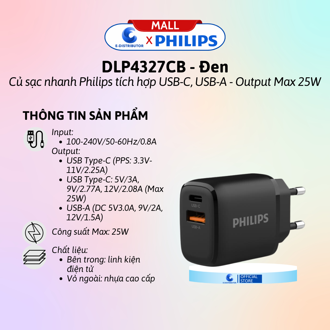 Củ sạc nhanh PD25W + QC3.0 Philips DLP4327CB/74 màu đen