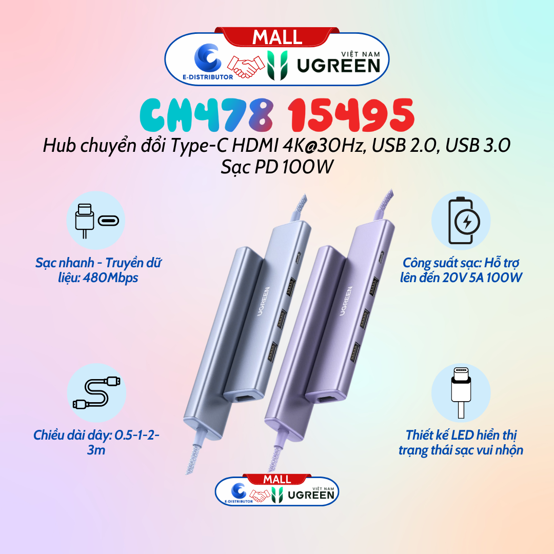 Hub chuyển đổi Type C Ugreen CM478 15495 HDMI 4K@30Hz, USB 2.0, USB 3.0, Sạc PD 100W màu trắng bạc