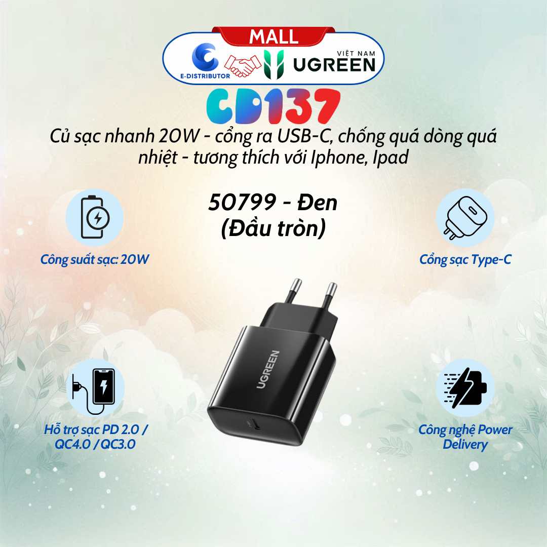 Củ sạc nhanh 20W UGREEN CD137 50799 cổng ra USB-C, chống quá dòng quá nhiệt. tương thích với Iphone, Ipad- đen
