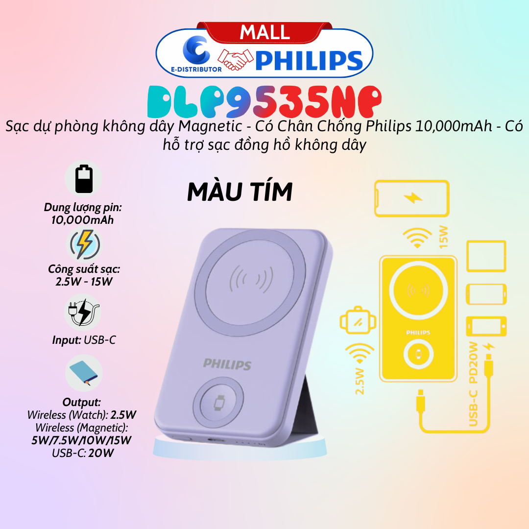 Pin dự phòng từ tính Magnetic DLP9535NP 10.000mAh PD20W màu tím