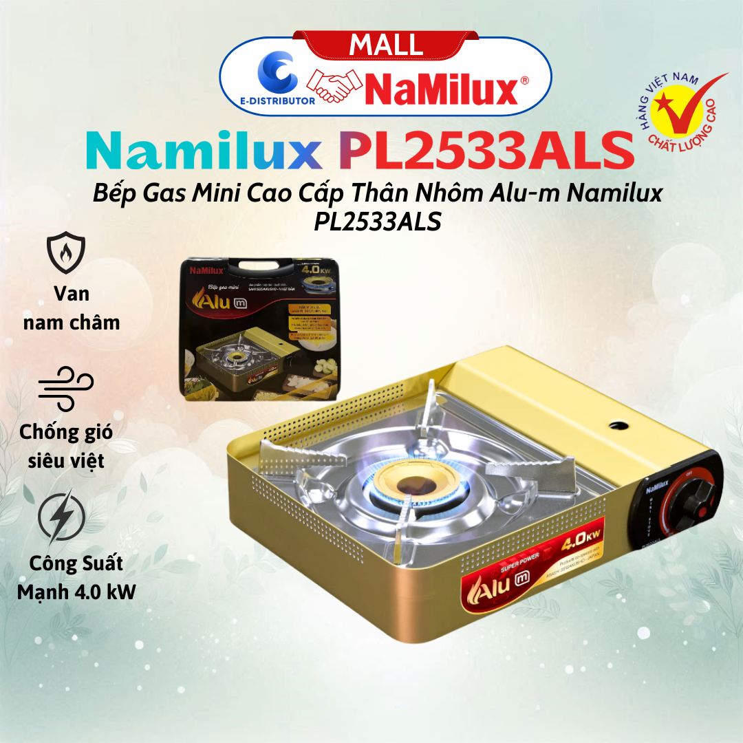 Bếp Gas Mini Cao Cấp Thân Nhôm Alu-m PL2533ALS I Van Nam Châm Ngắt Gas An Toàn - Giải Pháp Chống Nổ│Công Suất Mạnh 4.0 kW