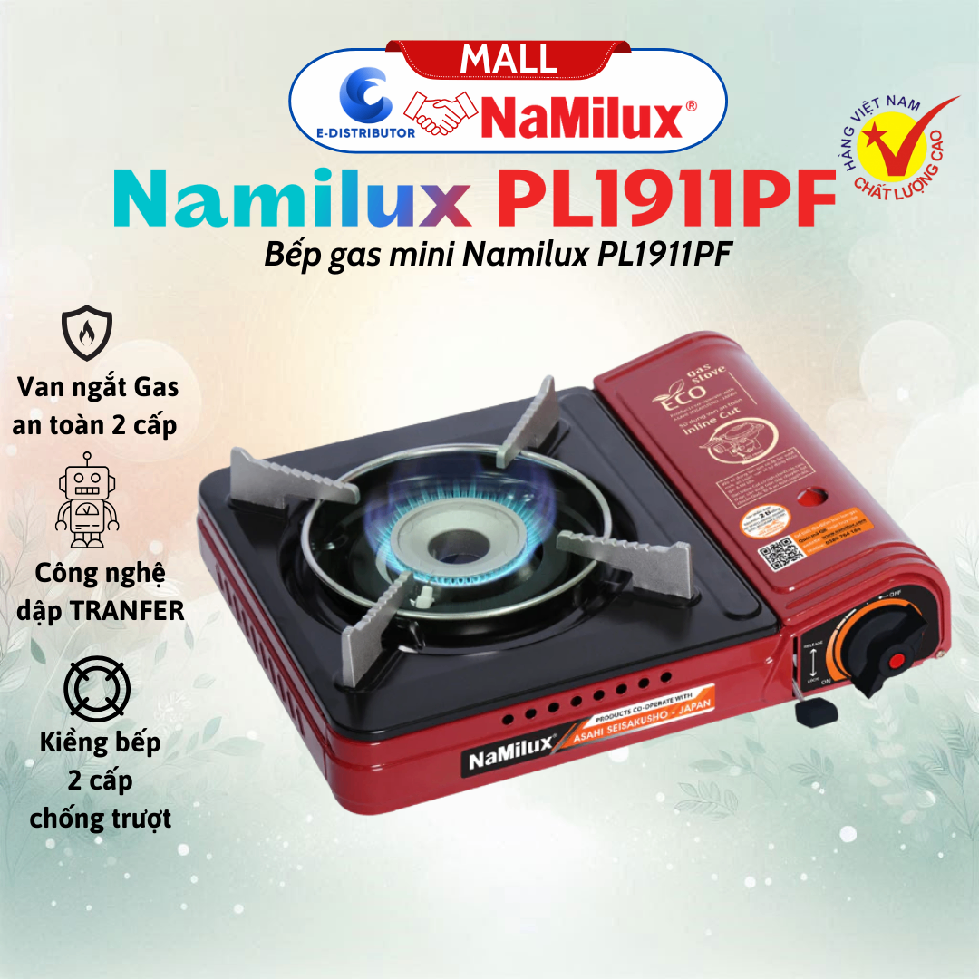 Bếp Gas Mini/ Du Lịch NaMilux PL1911PF - Màu Đỏ│Van Ngắt Gas An Toàn Inline-Cut│Công Suất 2.6 Kw - Hàng Chính Hãng