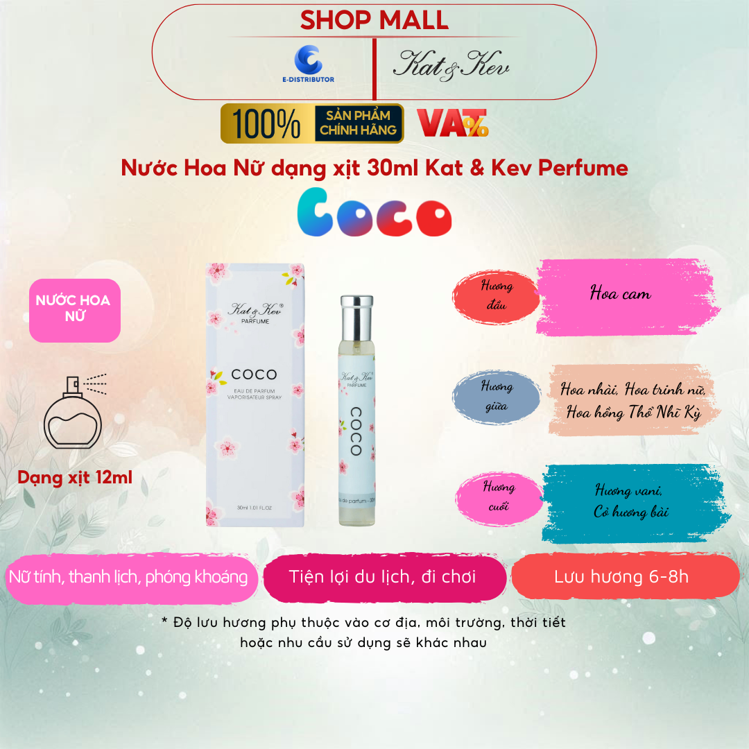 Nước Hoa Kat & Kev 30ml Dạng Xịt Ống Trụ Full Box - KKX30OT - Coco Nước hoa Nữ