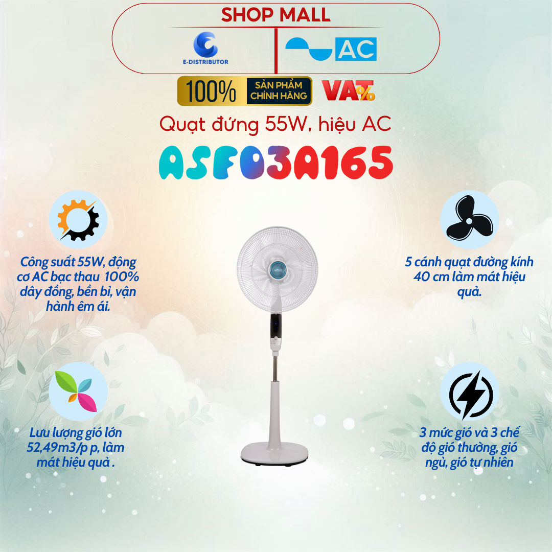 Quạt đứng ,55W, hiệu AC, ASF03A165 (màu Trắng)