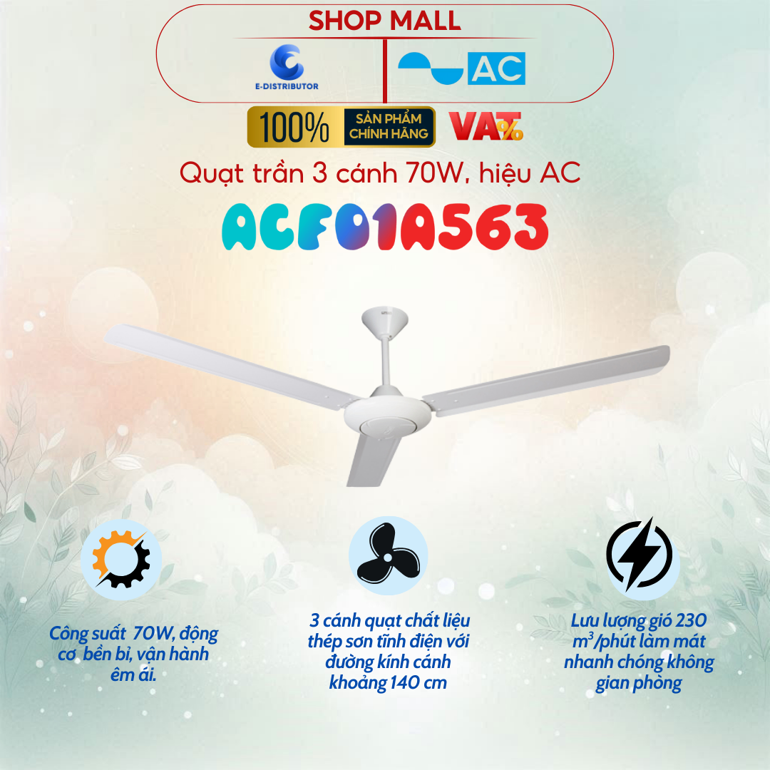 Quạt trần 3 cánh, 70W 220V-50Hz, hiệu AC - ACF01A563