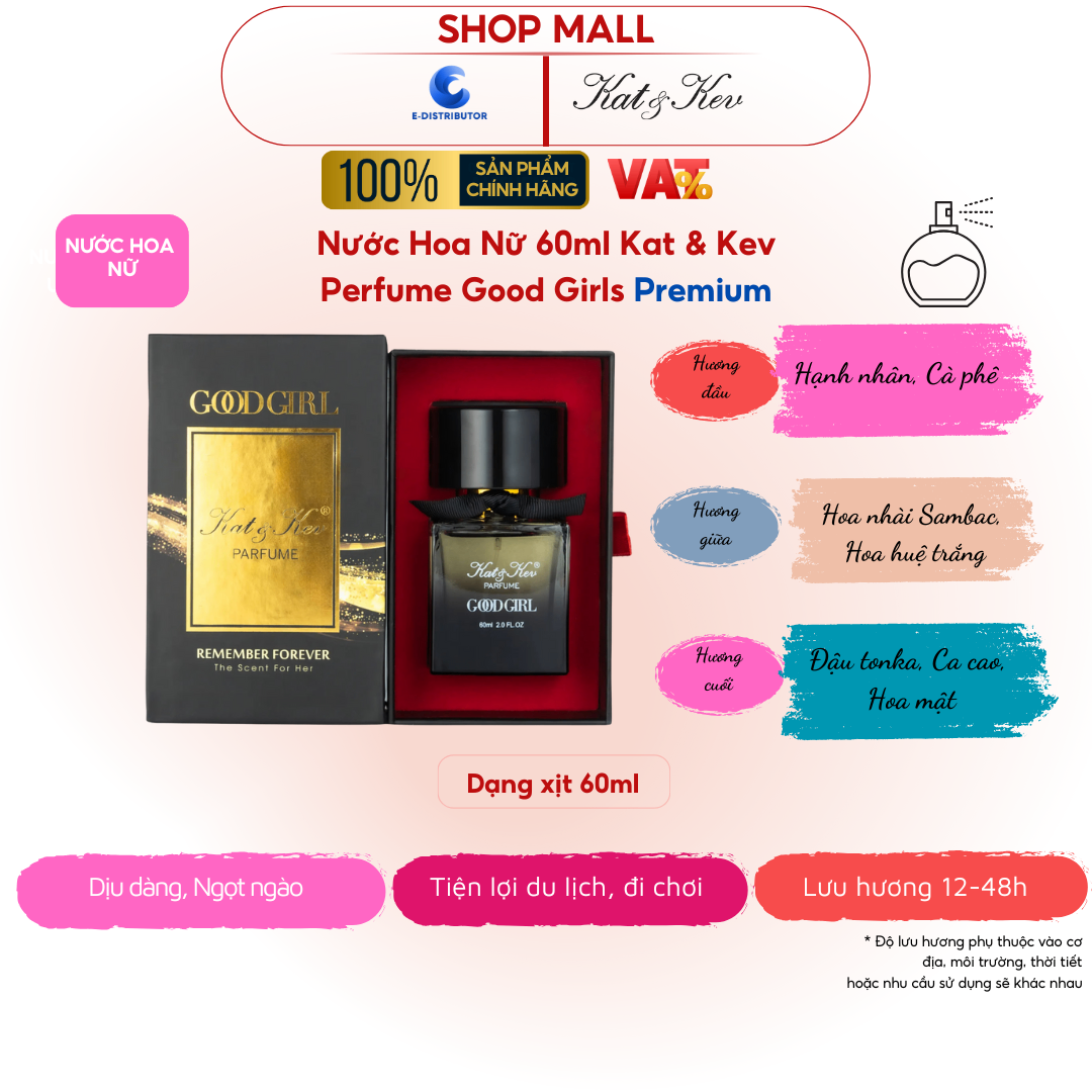 Nước Hoa Kat & Kev 60ml Hộp Rút Dạng Xịt Full Box Cao cấp - KKX60HR - Goodgirl Nước hoa Nữ