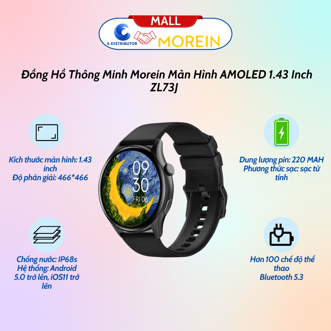 Đồng Hồ Thông Minh Morein Nova 1 Màn Hình AMOLED 1.43 Inch Độ Phân Giải Cao Khung Hợp Kim Mặt Đồng Hồ Cong Không Viền