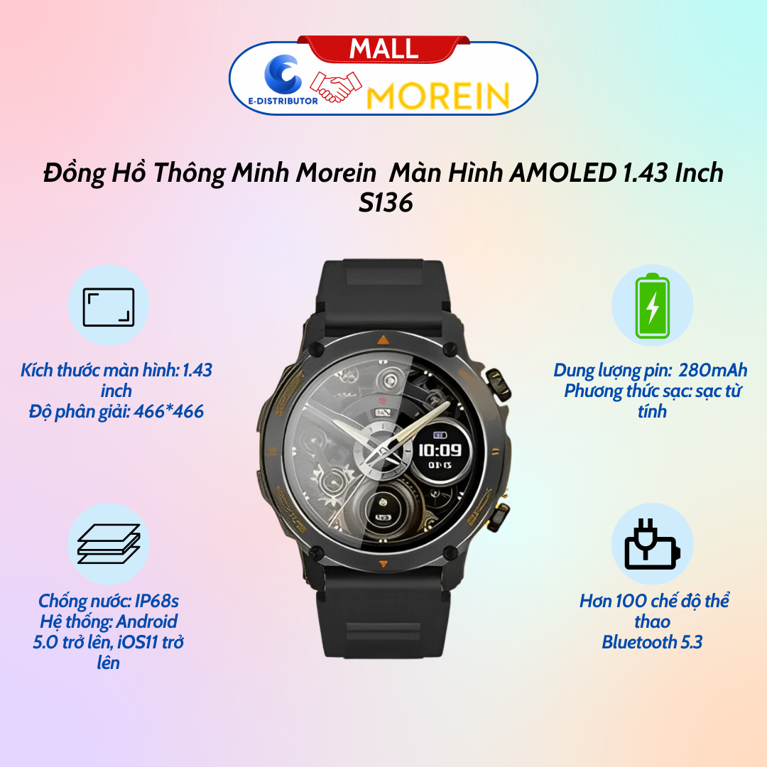 Đồng Hồ Thông Minh Morein NEO GT1 Màn Hình AMOLED 1.43 Inch Chống Nước Theo Dõi Nhịp Tim 100 Chế Độ Thể Thao
