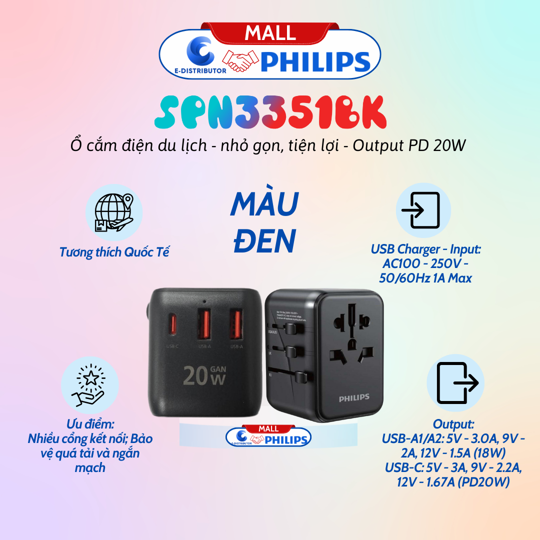 Ổ cắm điện du lịch Philips SPN3351BK màu đen