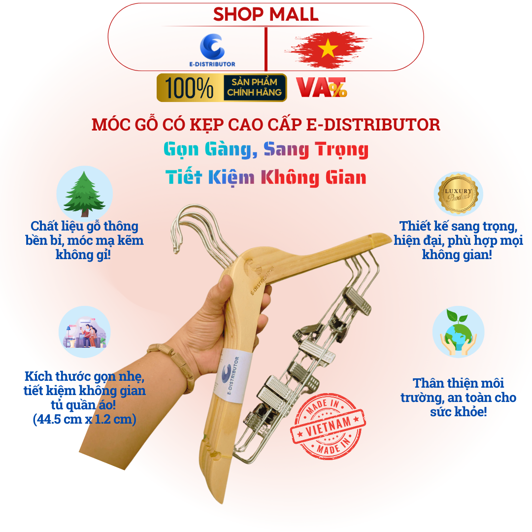 Combo móc gỗ quần áo có kẹp E-Distributor cao cấp - Tiện lợi, sang trọng - Chính hãng 100%