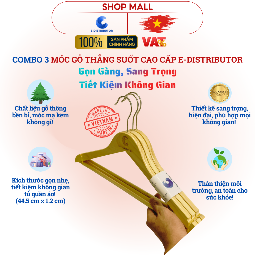 Combo móc gỗ quần áo không kẹp E-Distributor cao cấp - Sang trọng, gọn gàng - Chính hãng 100%